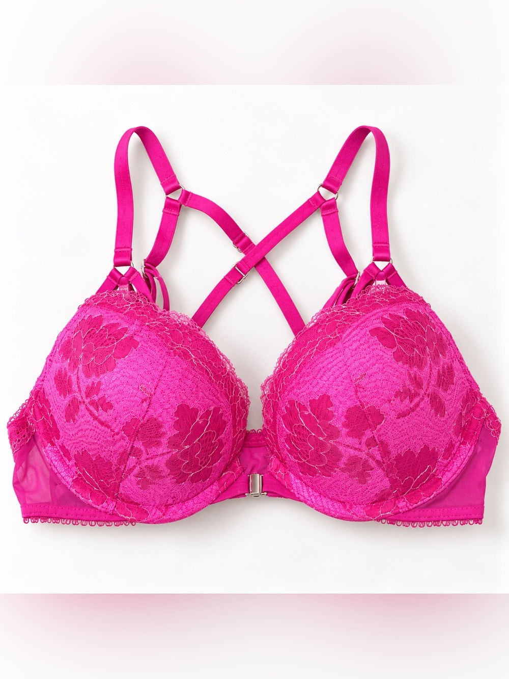 💕 Victoria’s Secret Hot Pink Lace Strappy Plunge Bra 32A